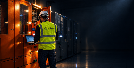 An electrical engineer in a white hard hat and yellow Aphex hi-vis vest works at an open, glowing orange switchgear cabinet in a dark industrial switchroom.